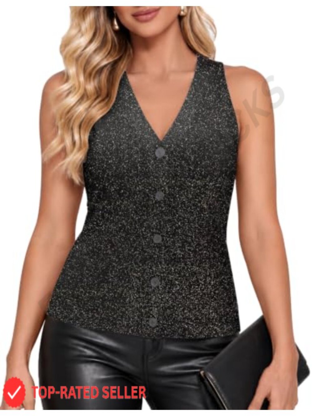 Sparkly Knit Tank Top V Neck Button Down Sleeveless Knit Vest for Party